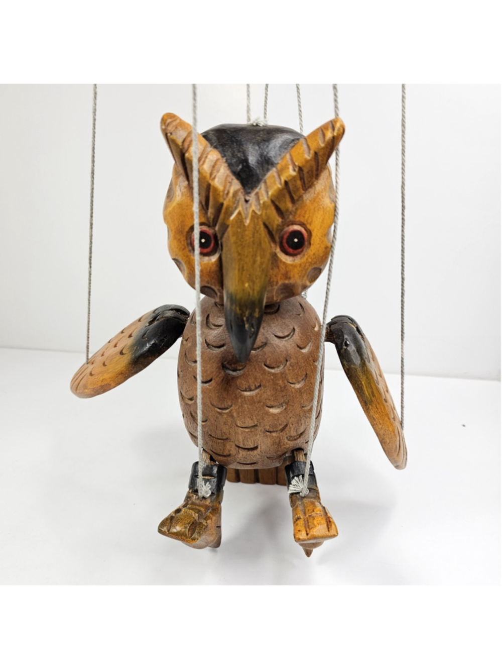 Vintage Hand Carved Wooden Owl Marionette Puppet Hanging String Folk Art Decor